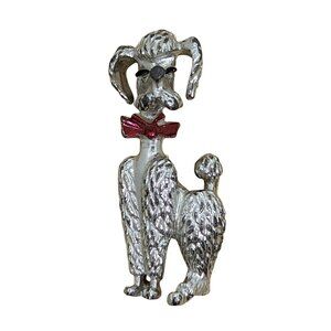 Vintage Silver Tone Poodle Pin Brooch With Red Bowtie & Textured Design For Coll